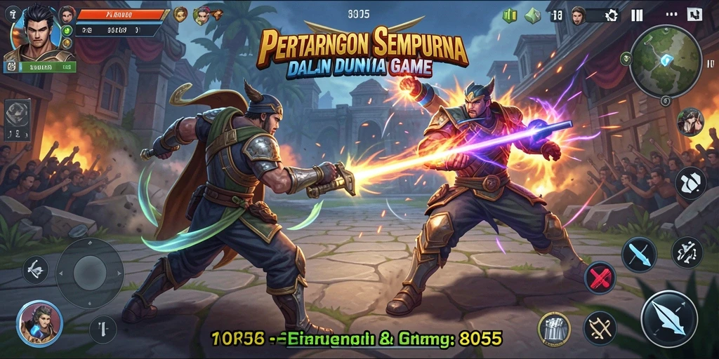 Screenshot menunjukkan karakter utama bertarung dengan latar belakang arena spektakuler.