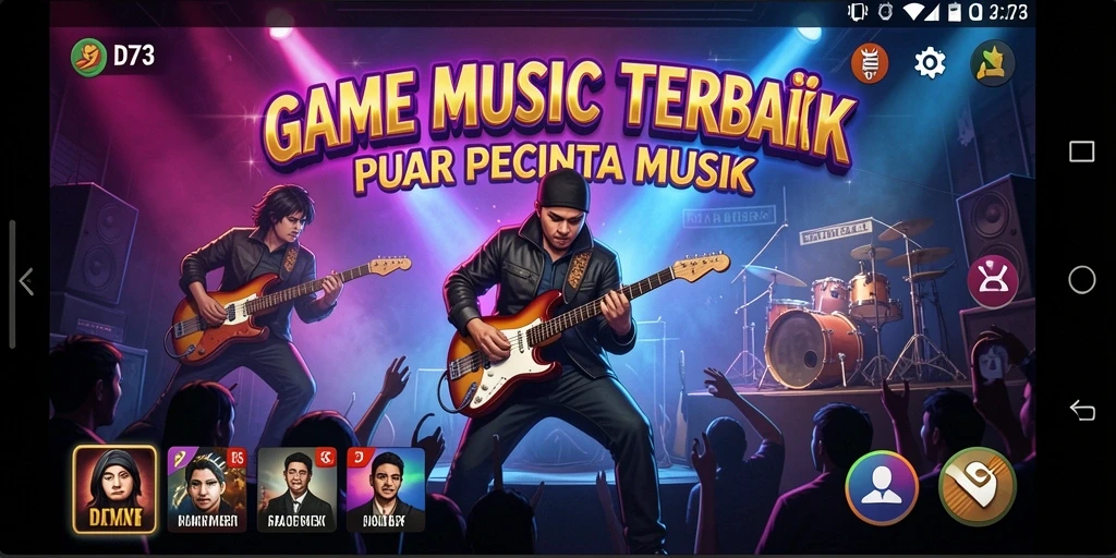 Tampilan gameplay D73 dengan berbagai lagu dan tantangan musik.
