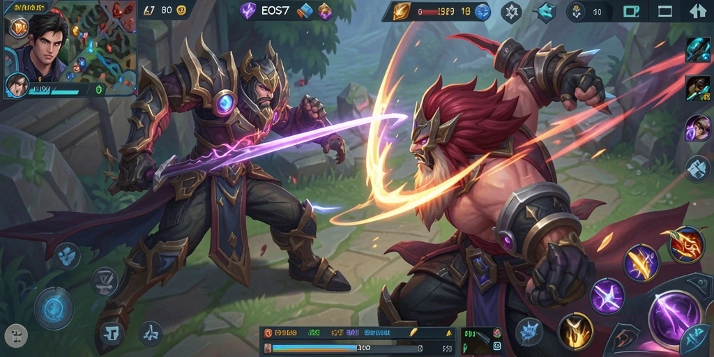 Tampilan aksi seru dalam gameplay MOBA EOS77.