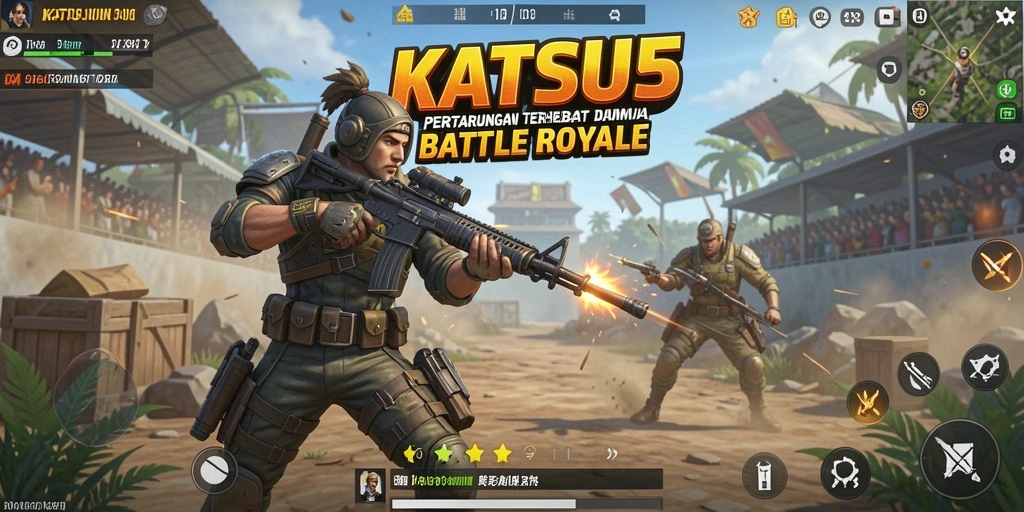 Tangkapan layar KATSU5 menampilkan aksi pertempuran intens dalam permainan Battle Royale.